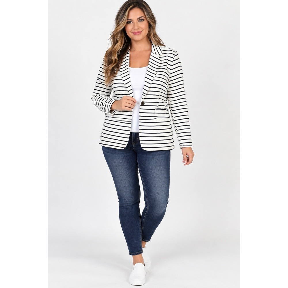 Old Navy Women's XL Striped Knit Blazer Black White Stretch Single Button Jacket